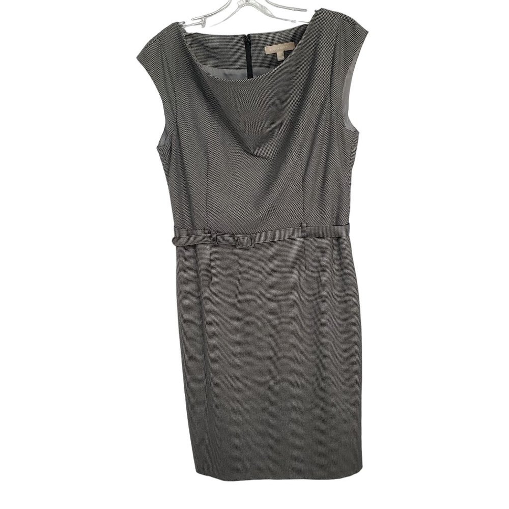 Banana Republic Sz 12 Dress Micro Houndstooth Cap Sleeve Belt Draped Black Gray - Picture 2 of 13